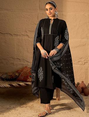 Women Ethnic Motifs Embroidered Pure Cotton A-Line Kurta with Trouser & Dupatta 1