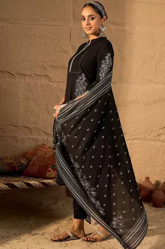 Women Ethnic Motifs Embroidered Pure Cotton A-Line Kurta with Trouser & Dupatta