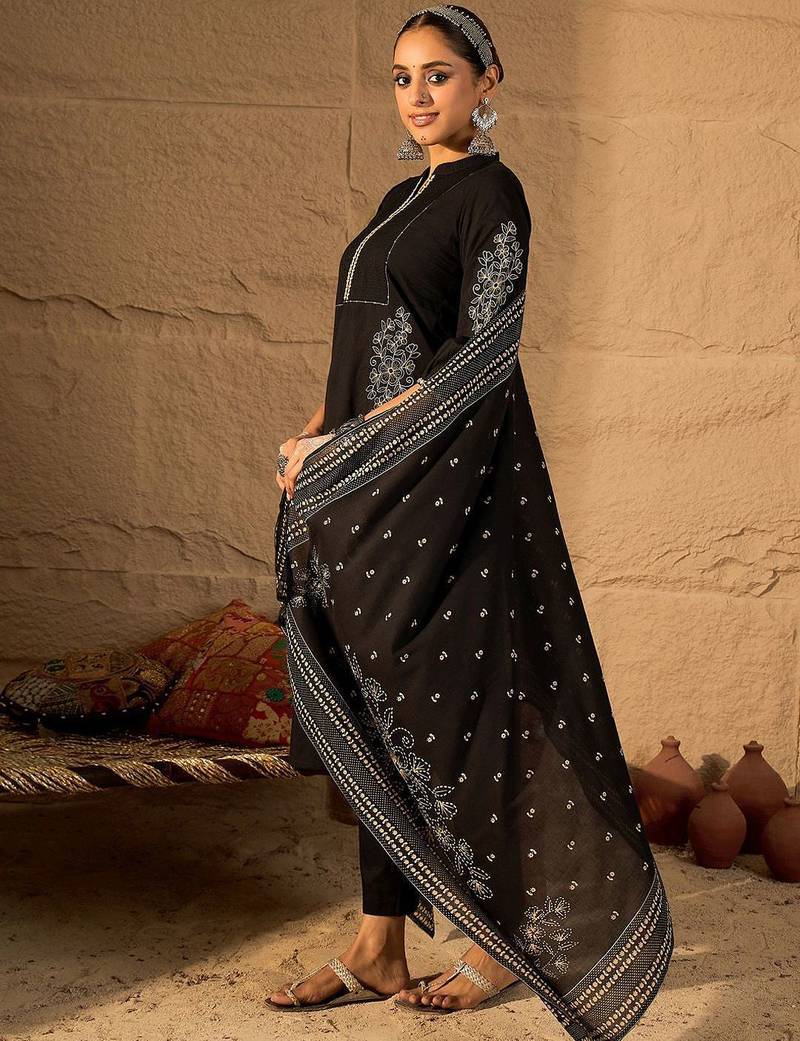 Women Ethnic Motifs Embroidered Pure Cotton A-Line Kurta with Trouser & Dupatta