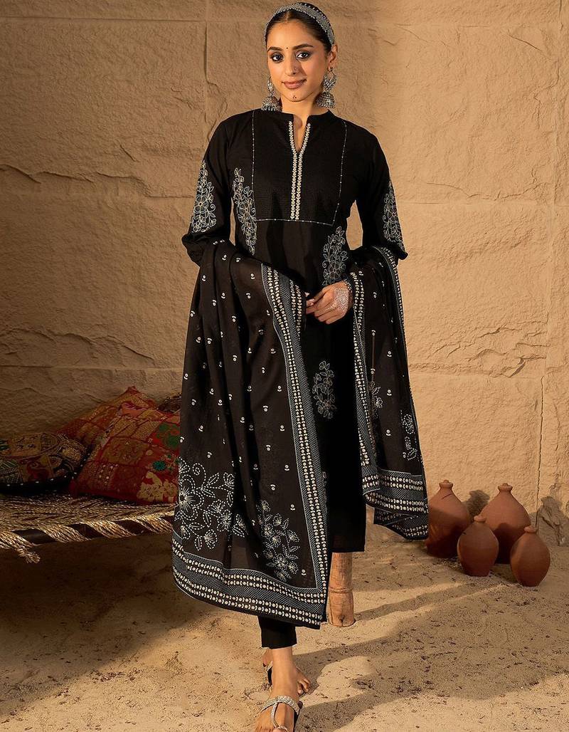 Women Ethnic Motifs Embroidered Pure Cotton A-Line Kurta with Trouser & Dupatta