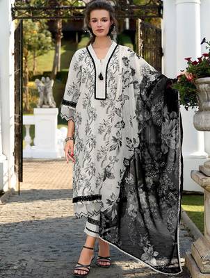 Floral Embroidered Regular Thread Work Pure Cotton Kurta & Trousers With Dupatta 1