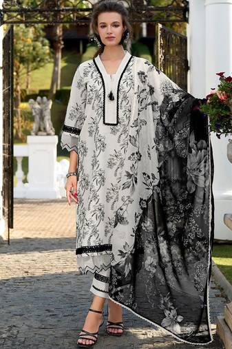Floral Embroidered Regular Thread Work Pure Cotton Kurta & Trousers With Dupatta