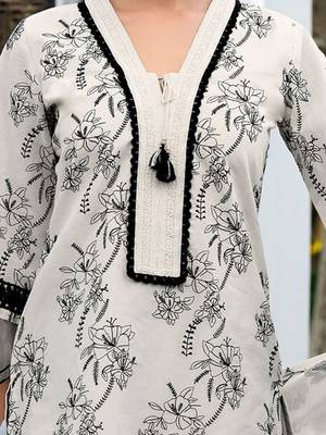 Floral Embroidered Regular Thread Work Pure Cotton Kurta & Trousers With Dupatta 3