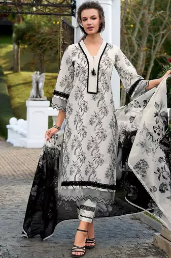 Floral Embroidered Regular Thread Work Pure Cotton Kurta & Trousers With Dupatta