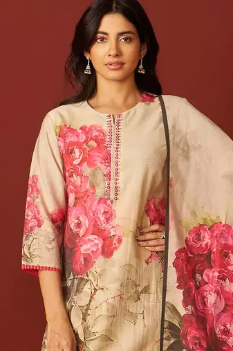 Floral Printed Notch-Neck Straight Kurta With Trousers And Dupatta