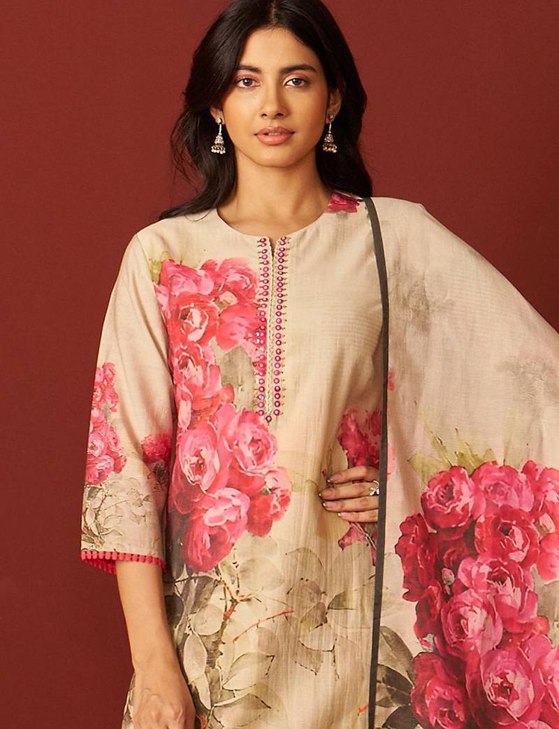 Floral Printed Notch-Neck Straight Kurta With Trousers And Dupatta