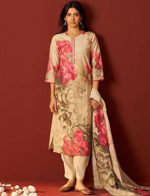 Floral Printed Notch-Neck Straight Kurta With Trousers And Dupatta 1