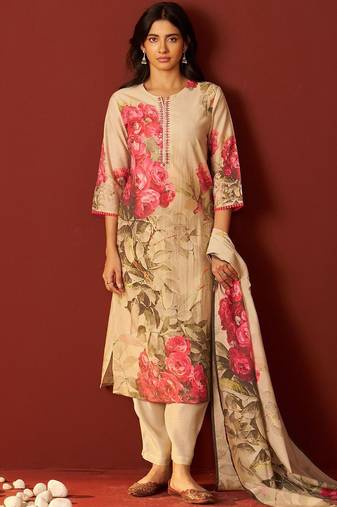 Floral Printed Notch-Neck Straight Kurta With Trousers And Dupatta