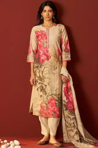 Floral Printed Notch-Neck Straight Kurta With Trousers And Dupatta