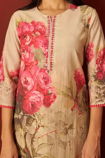 Floral Printed Notch-Neck Straight Kurta With Trousers And Dupatta