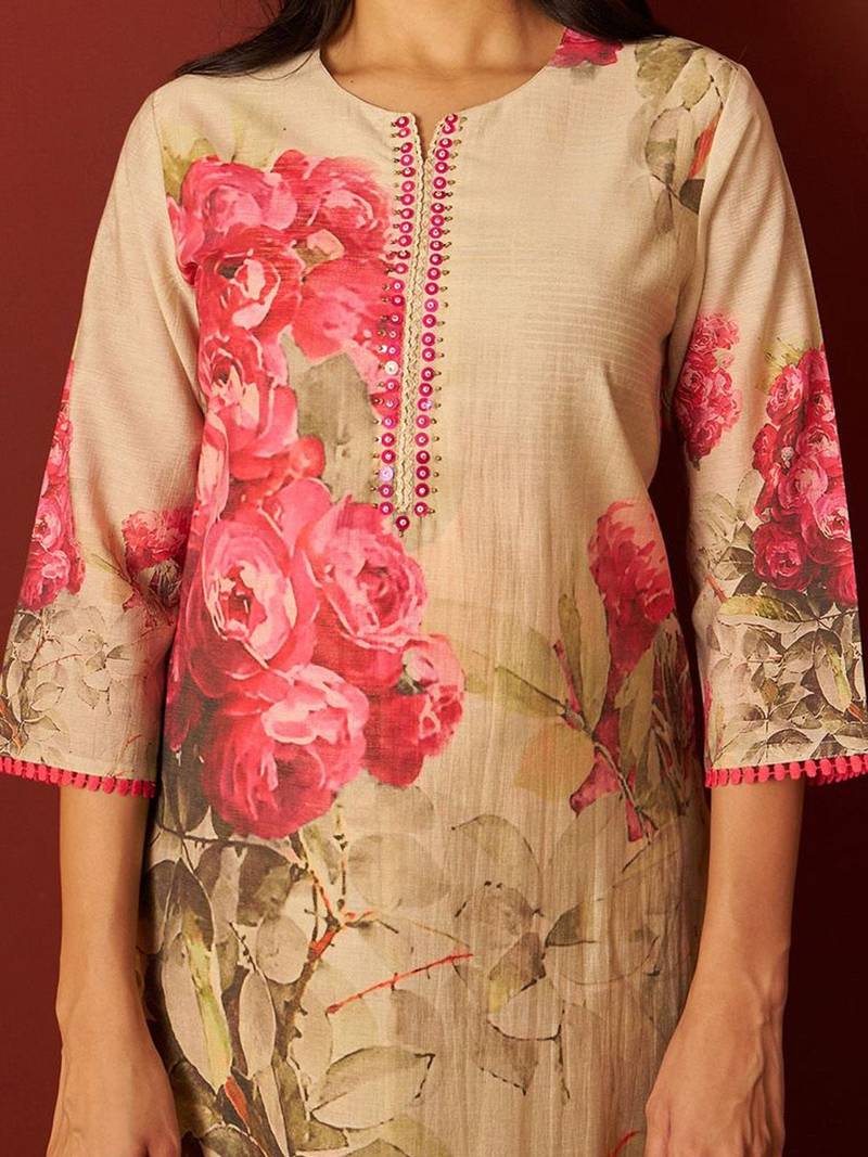 Floral Printed Notch-Neck Straight Kurta With Trousers And Dupatta