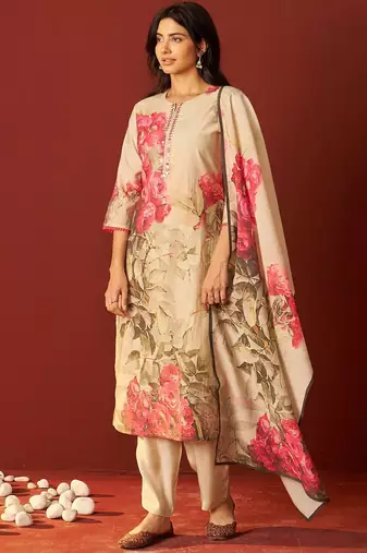 Floral Printed Notch-Neck Straight Kurta With Trousers And Dupatta