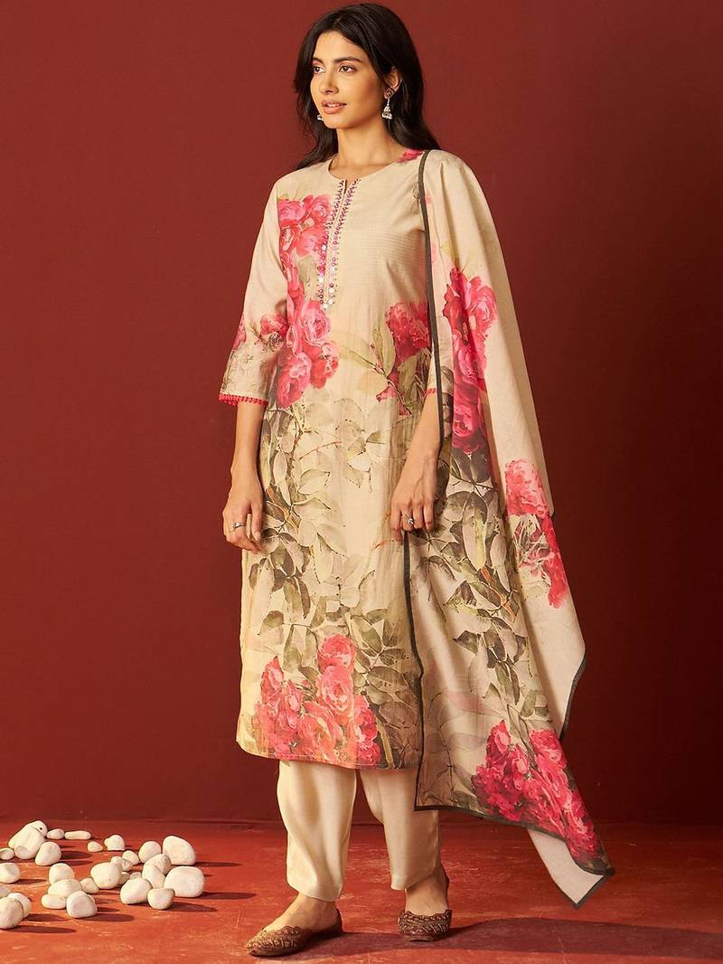 Floral Printed Notch-Neck Straight Kurta With Trousers And Dupatta