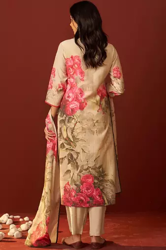 Floral Printed Notch-Neck Straight Kurta With Trousers And Dupatta
