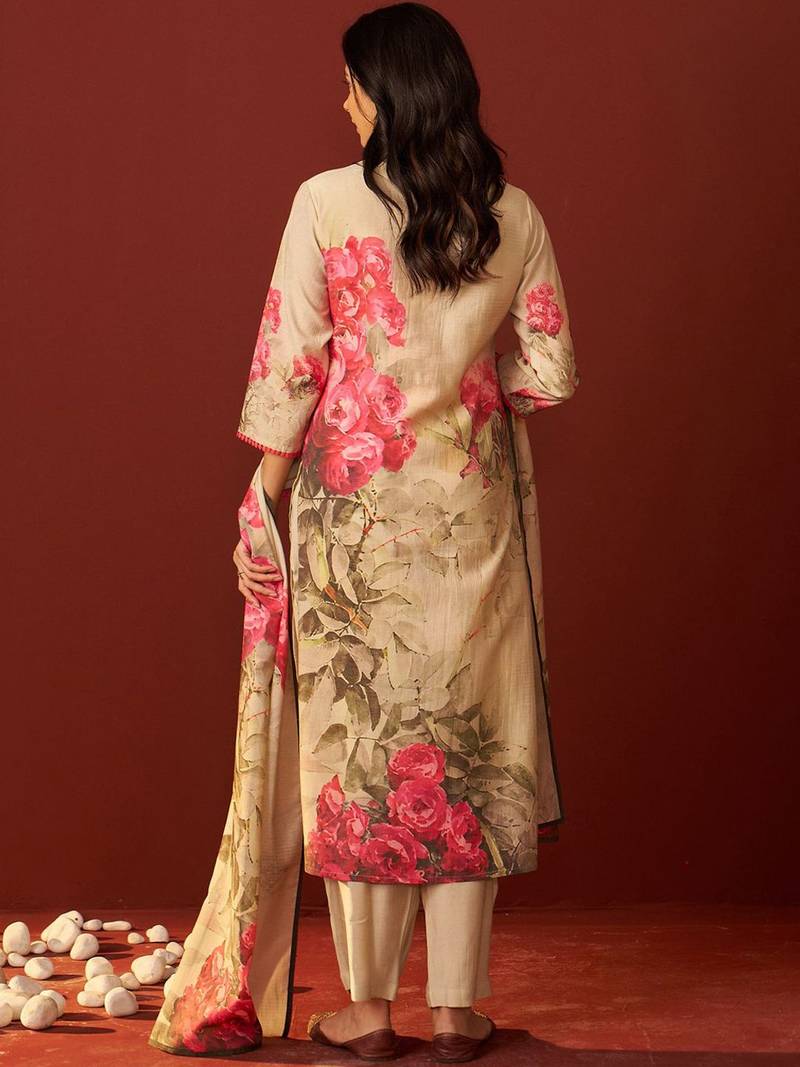 Floral Printed Notch-Neck Straight Kurta With Trousers And Dupatta