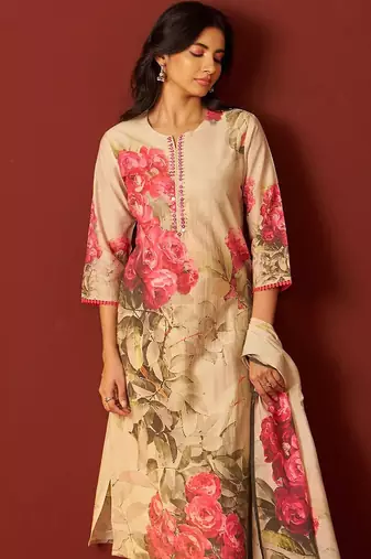 Floral Printed Notch-Neck Straight Kurta With Trousers And Dupatta