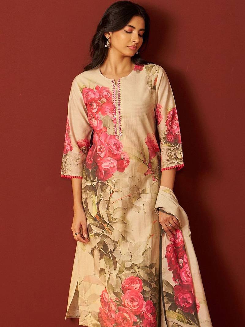 Floral Printed Notch-Neck Straight Kurta With Trousers And Dupatta