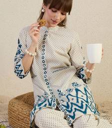 Ethnic Motifs Printed Thread Work Mandarin Collar A-Line Kurta With Trousers