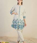 Ethnic Motifs Printed Thread Work Mandarin Collar A-Line Kurta With Trousers