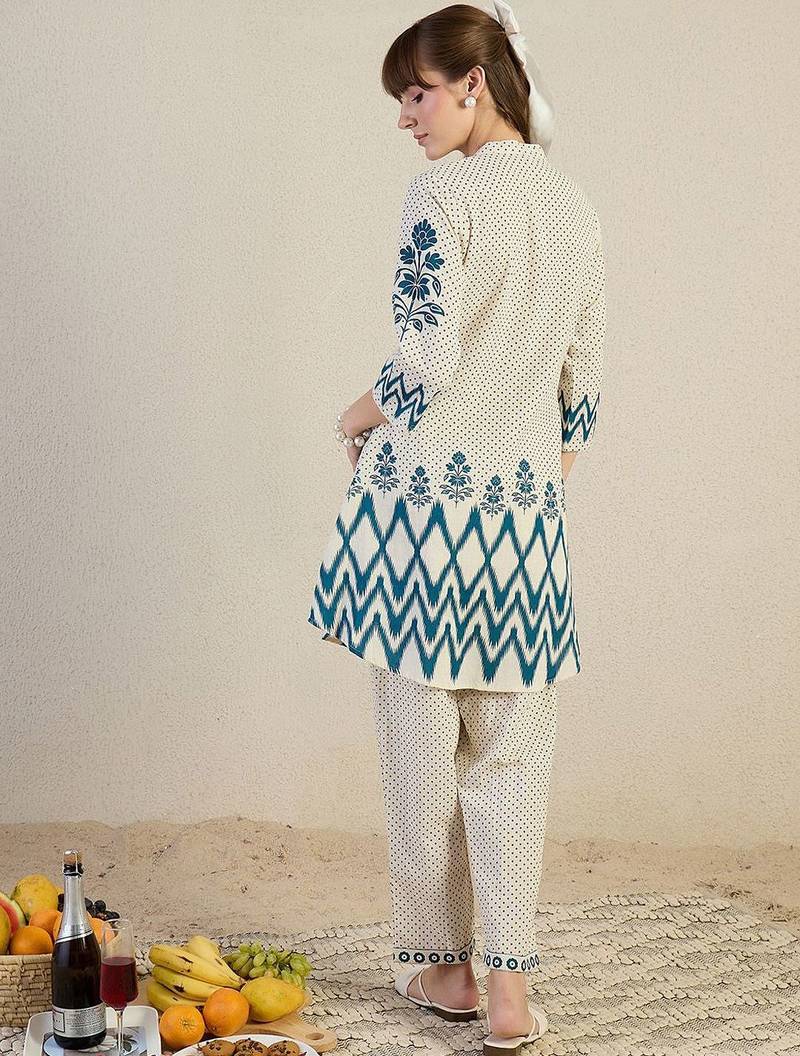 Ethnic Motifs Printed Thread Work Mandarin Collar A-Line Kurta With Trousers