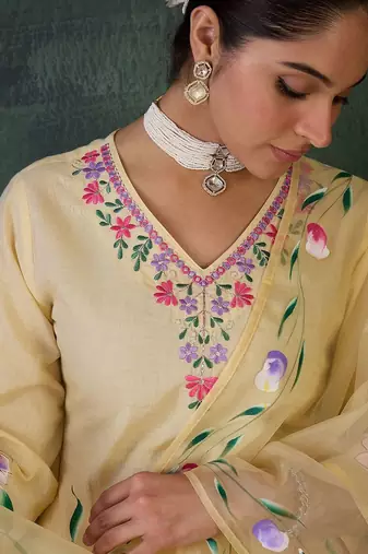 Floral Embroidered Neck Pure Cotton Kurta With Trousers & Dupatta