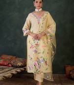 Floral Embroidered Neck Pure Cotton Kurta With Trousers & Dupatta