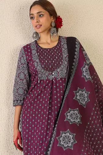 Women Ethnic Motifs Printed Pure Cotton Kurta with Trousers & Dupatta Kurta Sets