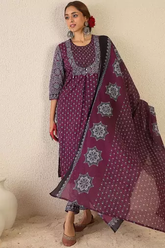 Women Ethnic Motifs Printed Pure Cotton Kurta with Trousers & Dupatta Kurta Sets