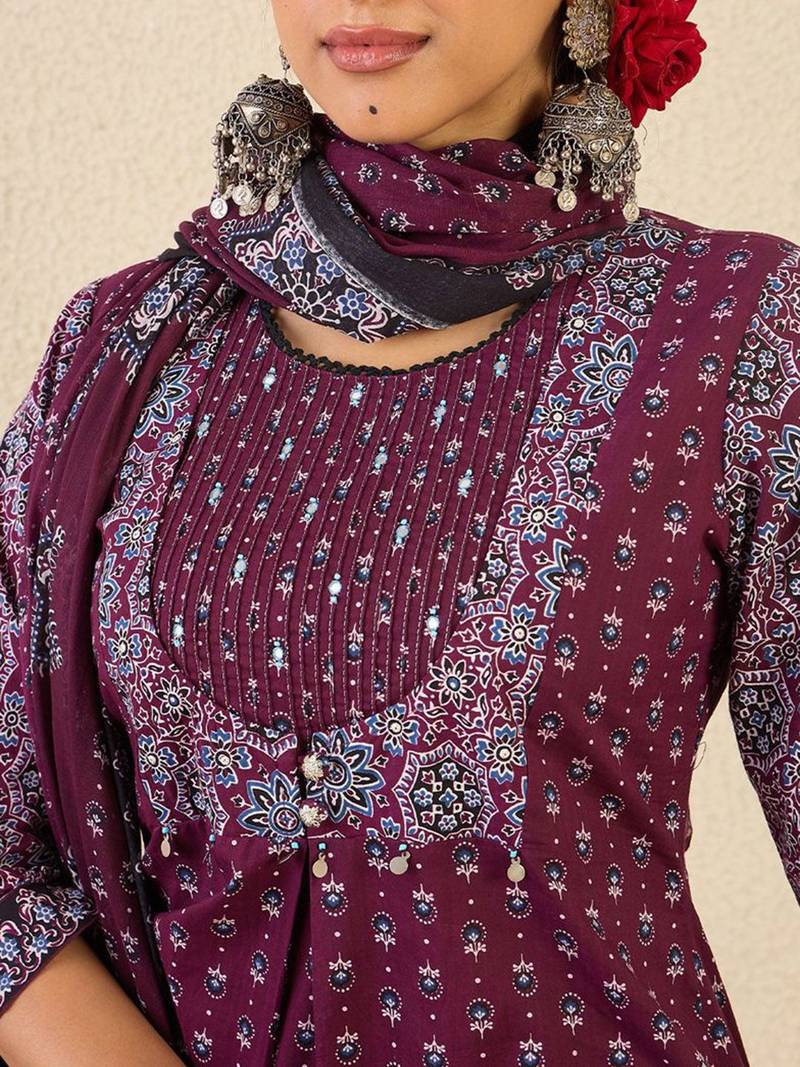 Women Ethnic Motifs Printed Pure Cotton Kurta with Trousers & Dupatta Kurta Sets