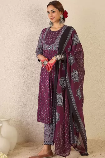 Women Ethnic Motifs Printed Pure Cotton Kurta with Trousers & Dupatta Kurta Sets
