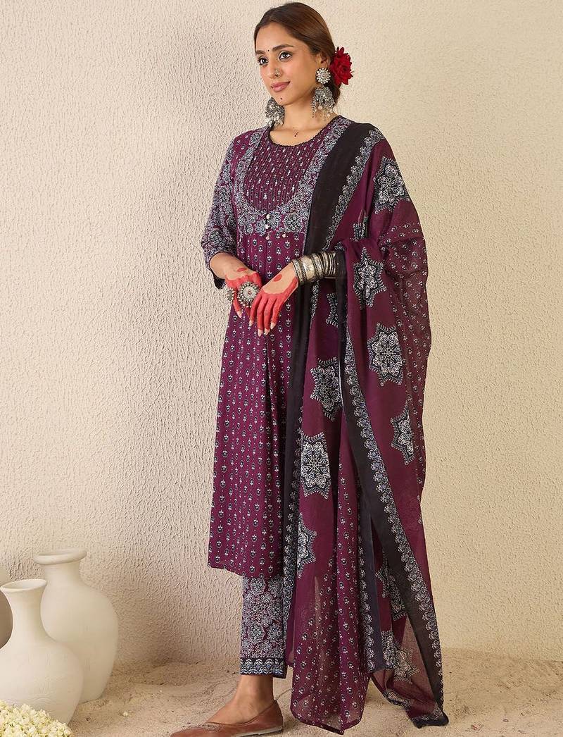 Women Ethnic Motifs Printed Pure Cotton Kurta with Trousers & Dupatta Kurta Sets