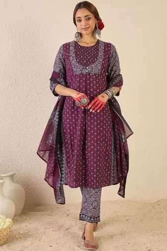 Women Ethnic Motifs Printed Pure Cotton Kurta with Trousers & Dupatta Kurta Sets