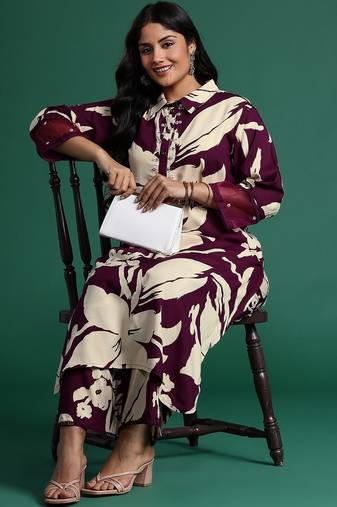 Plus Size Floral Printed Kurta with Trousers & Dupatta