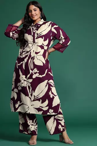 Plus Size Floral Printed Kurta with Trousers & Dupatta