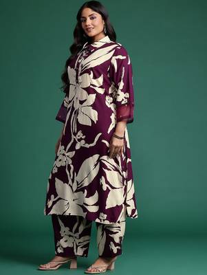 Plus Size Floral Printed Kurta with Trousers & Dupatta 5