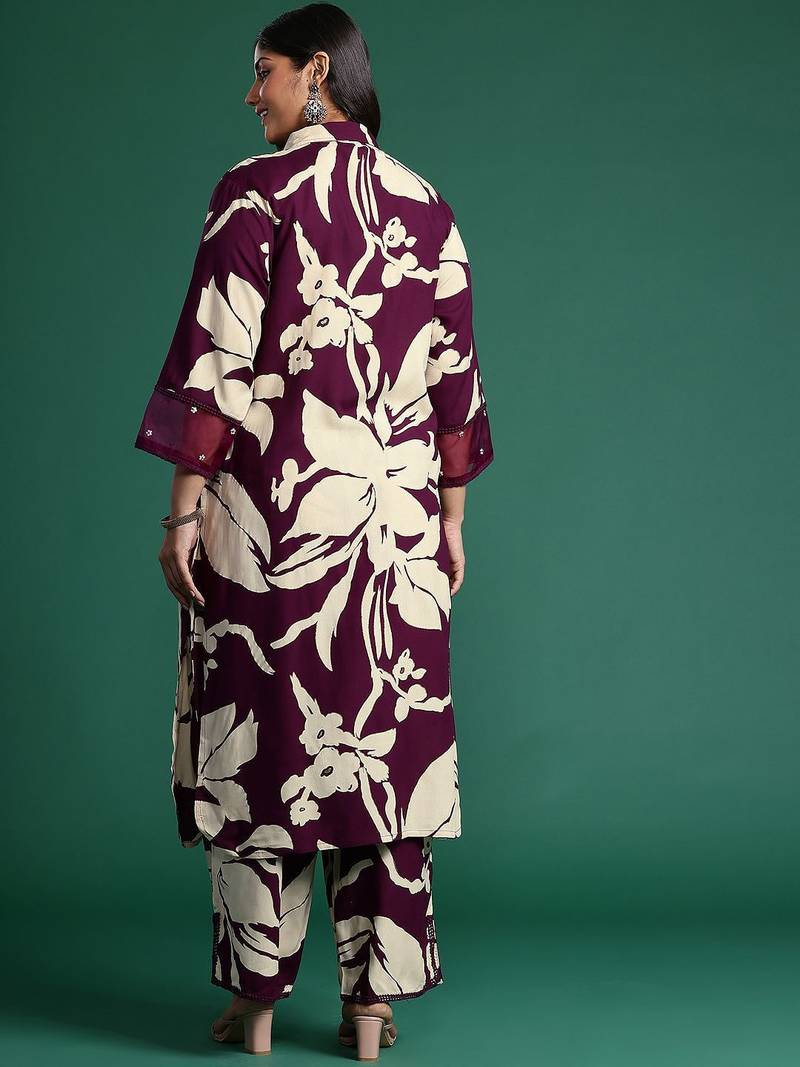 Plus Size Floral Printed Kurta with Trousers & Dupatta
