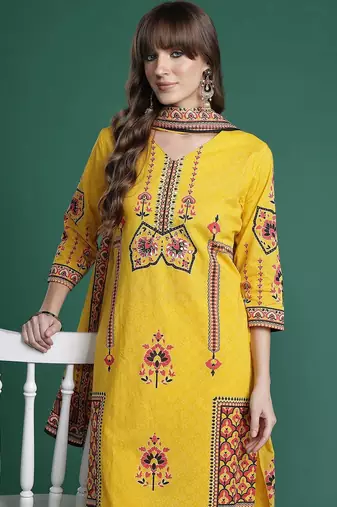 Ethnic Motifs Printed Mirror Work Pure Cotton Kurta with Trousers & With Dupatta