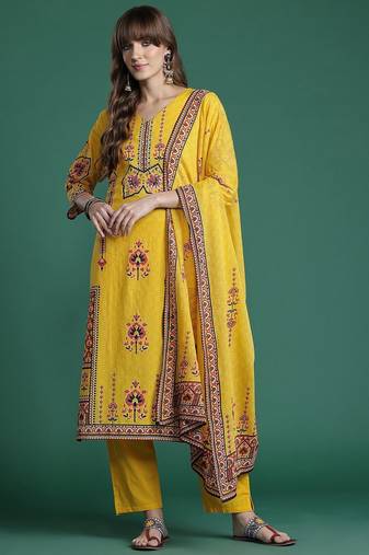 Ethnic Motifs Printed Mirror Work Pure Cotton Kurta with Trousers & With Dupatta