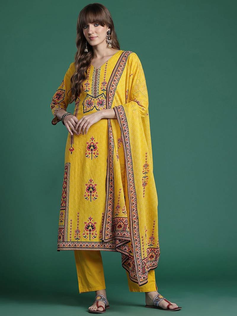 Ethnic Motifs Printed Mirror Work Pure Cotton Kurta with Trousers & With Dupatta