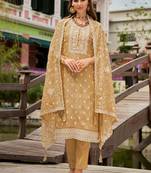 Floral Embroidered Round Neck Thread Work Organza Kurta With Trousers & Dupatta