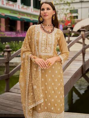 Floral Embroidered Round Neck Thread Work Organza Kurta With Trousers & Dupatta 6