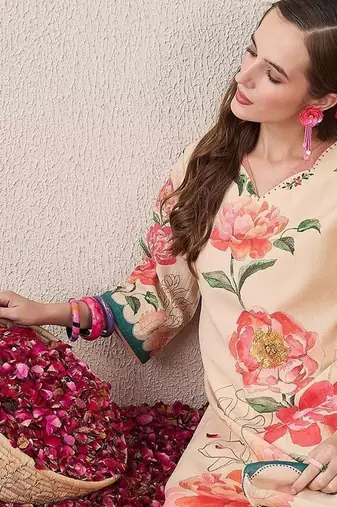 Floral Printed V-Neck Beads & Stones Straight Kurta With Trouser And Dupatta