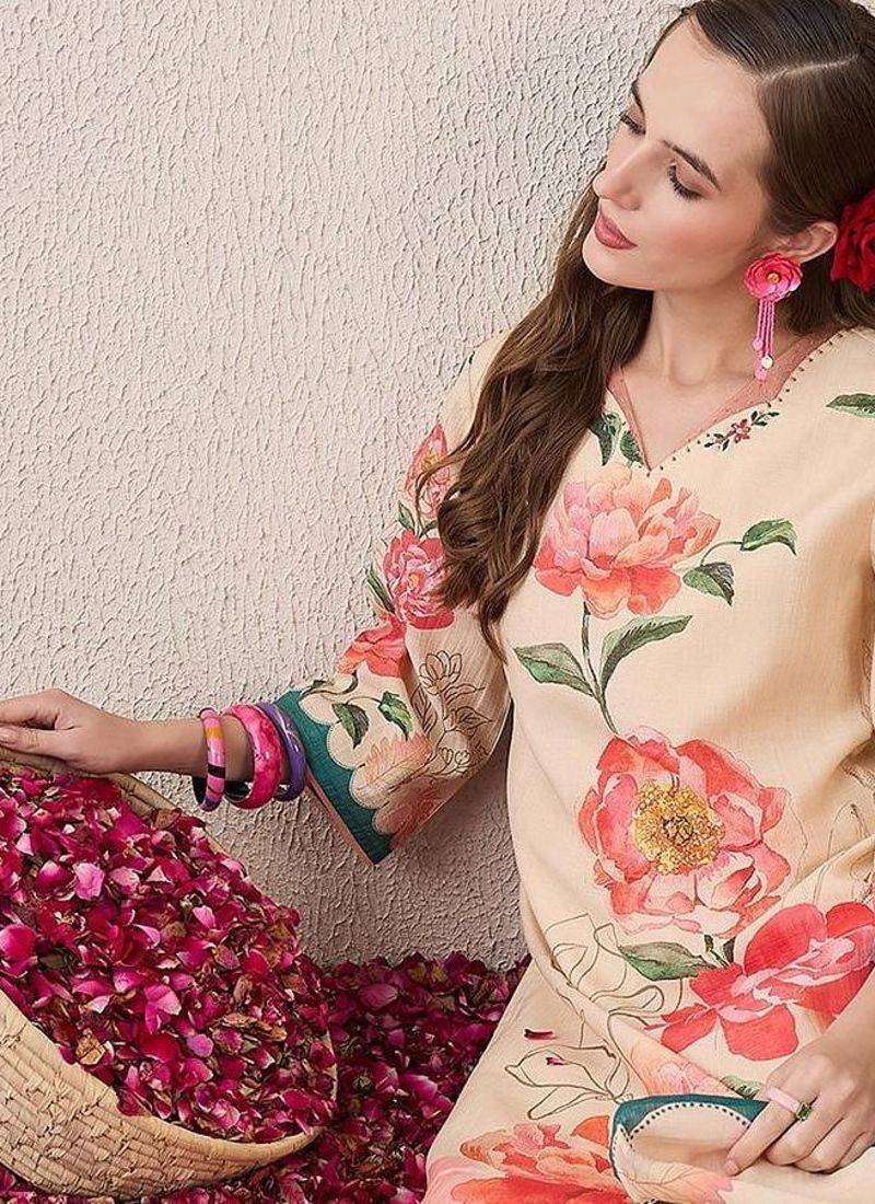 Floral Printed V-Neck Beads & Stones Straight Kurta With Trouser And Dupatta