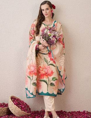 Floral Printed V-Neck Beads & Stones Straight Kurta With Trouser And Dupatta 1