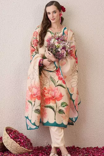 Floral Printed V-Neck Beads & Stones Straight Kurta With Trouser And Dupatta