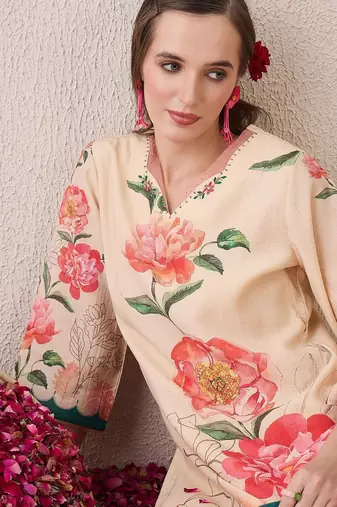 Floral Printed V-Neck Beads & Stones Straight Kurta With Trouser And Dupatta