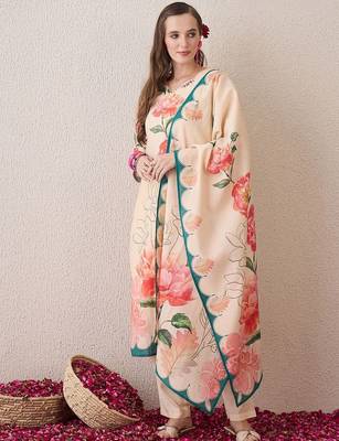 Floral Printed V-Neck Beads & Stones Straight Kurta With Trouser And Dupatta 6