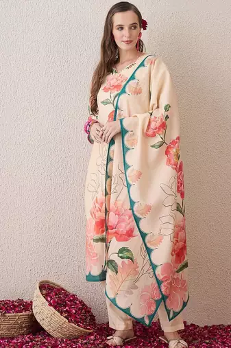 Floral Printed V-Neck Beads & Stones Straight Kurta With Trouser And Dupatta
