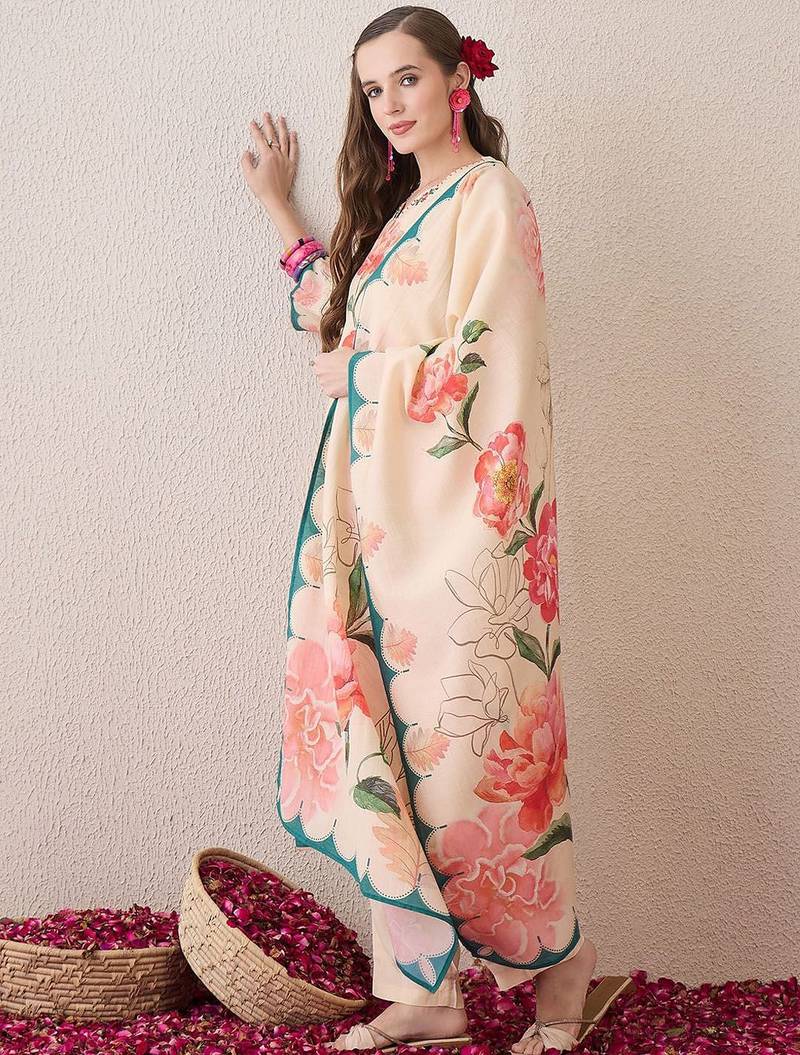 Floral Printed V-Neck Beads & Stones Straight Kurta With Trouser And Dupatta