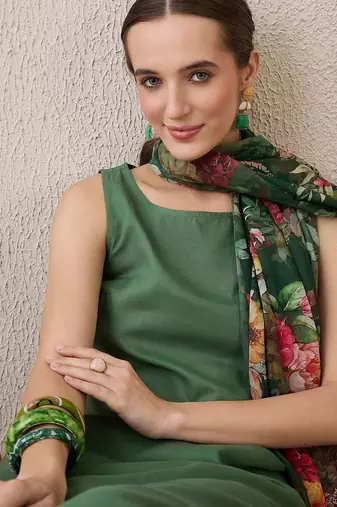 Floral Printed Round Neck Cotton Straight Kurta With Trousers & Dupatta
